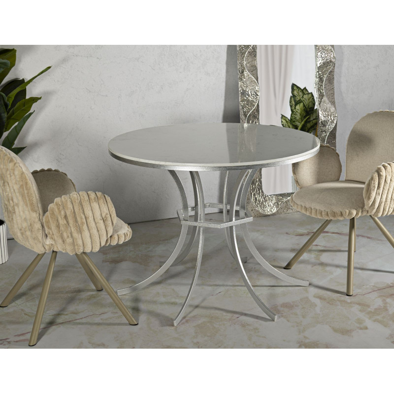 Table à manger orientale chic Ronde 4 personnes Marbre Blanc Métal Argenté Istanbul 