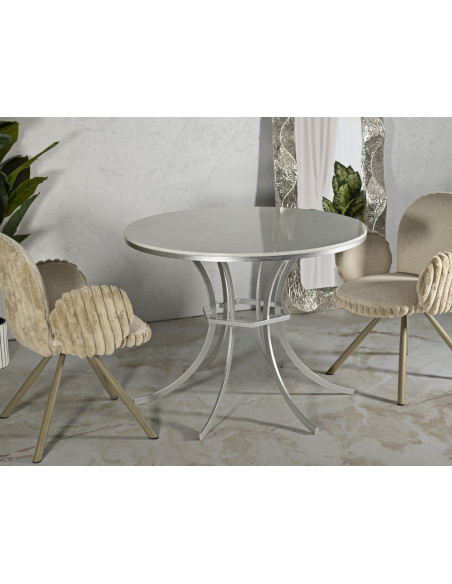 Table à manger orientale chic Ronde 4 personnes Marbre Blanc Métal Argenté Istanbul 