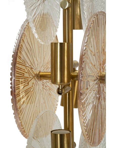 Grande Lampe à poser japonaise éventails Hauteur 66 cm Verre Blanc Ambré Métal Doré Osaka 