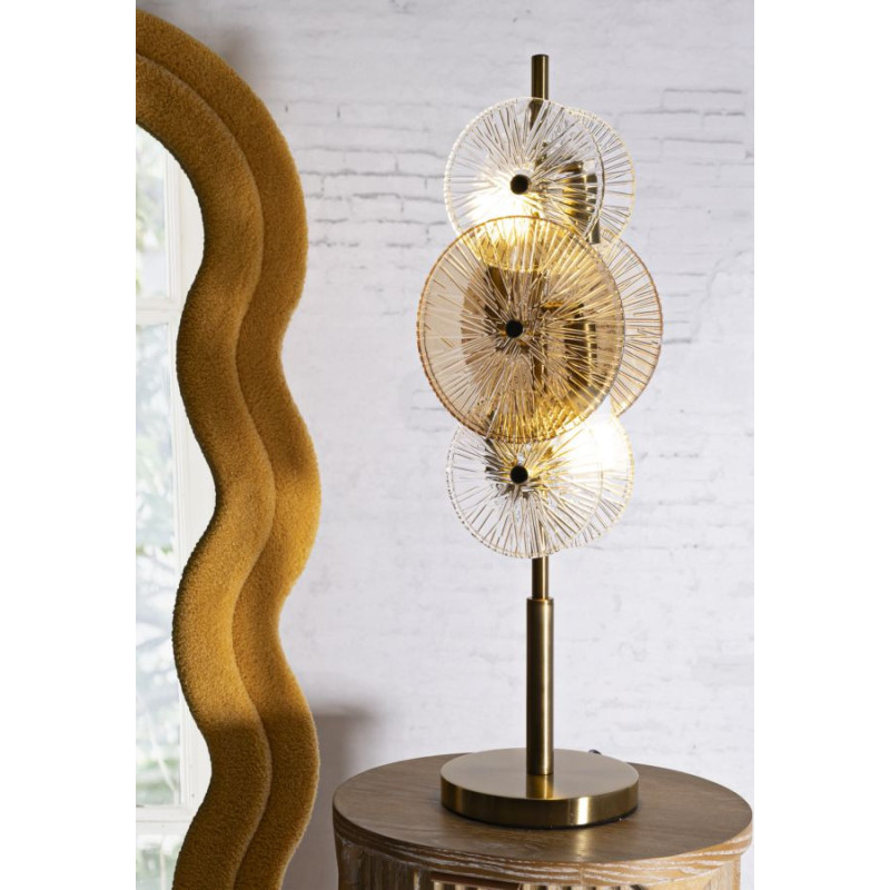 Grande Lampe à poser japonaise éventails Hauteur 66 cm Verre Blanc Ambré Métal Doré Osaka 