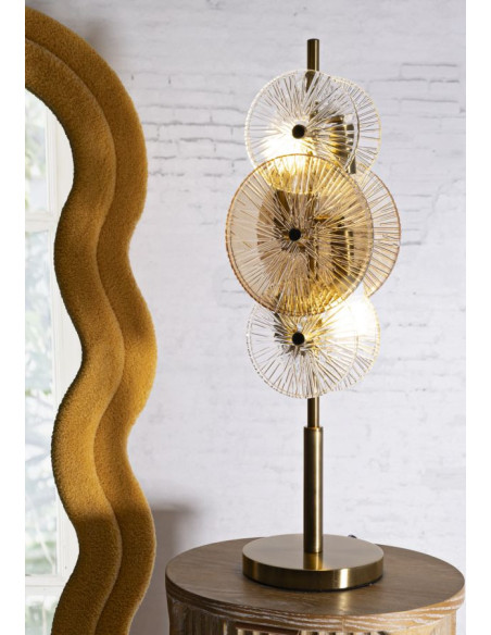 Grande Lampe à poser japonaise éventails Hauteur 66 cm Verre Blanc Ambré Métal Doré Osaka 