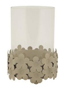 Photophore moderne Diamètre 12 cm Métal Blanc crème Motif fleurs Verre Transparent Dune 