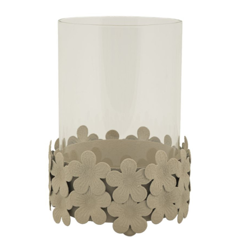 Photophore moderne Diamètre 12 cm Métal Blanc crème Motif fleurs Verre Transparent Dune 