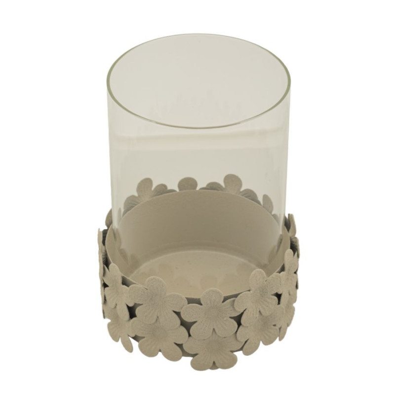 Photophore moderne Diamètre 12 cm Métal Blanc crème Motif fleurs Verre Transparent Dune 