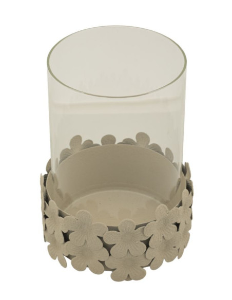 Photophore moderne Diamètre 12 cm Métal Blanc crème Motif fleurs Verre Transparent Dune 