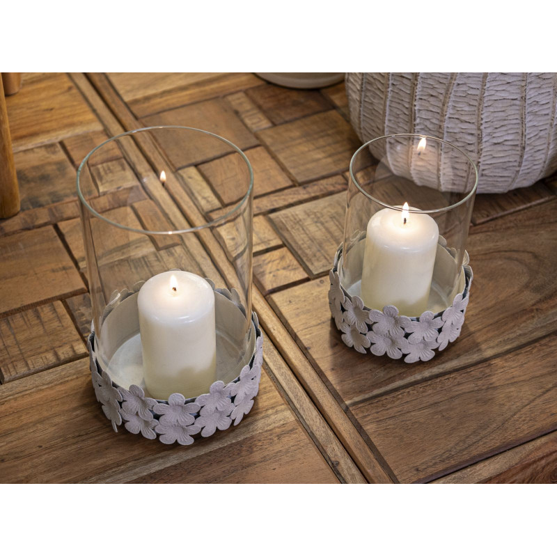 Photophore moderne Diamètre 12 cm Métal Blanc crème Motif fleurs Verre Transparent Dune 