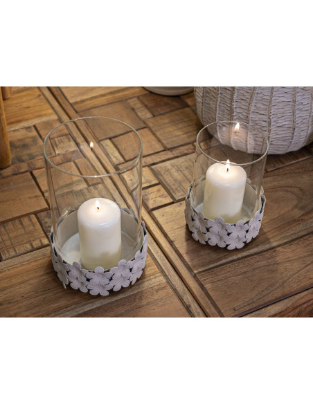 Photophore moderne Diamètre 12 cm Métal Blanc crème Motif fleurs Verre Transparent Dune 