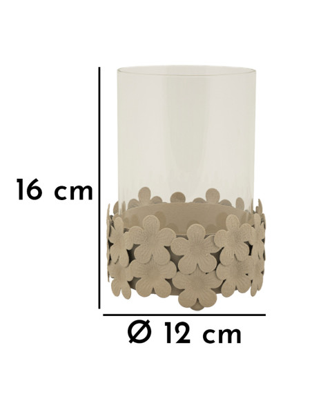 Photophore moderne Diamètre 12 cm Métal Blanc crème Motif fleurs Verre Transparent Dune 