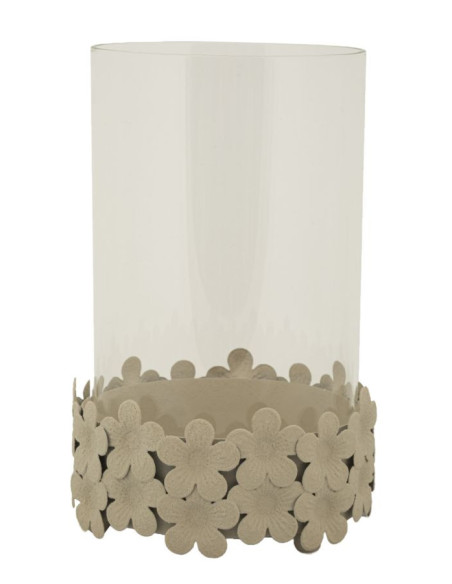 Grand Photophore moderne Diamètre 14 cm Métal Blanc crème Motif fleurs Verre Transparent Dune 