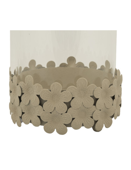 Grand Photophore moderne Diamètre 14 cm Métal Blanc crème Motif fleurs Verre Transparent Dune 