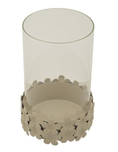 Grand Photophore moderne Diamètre 14 cm Métal Blanc crème Motif fleurs Verre Transparent Dune 