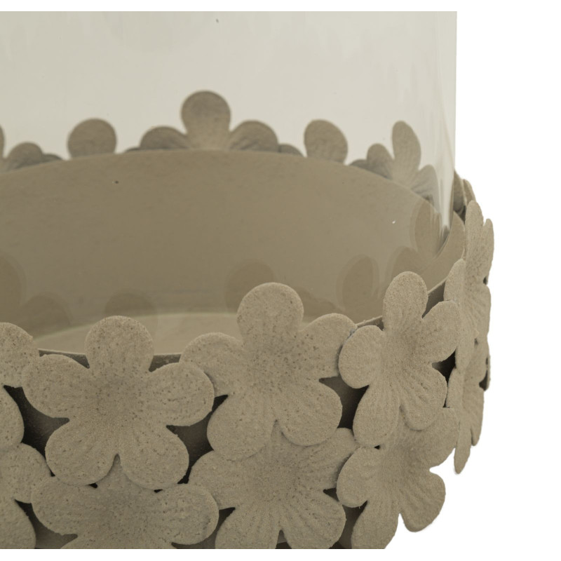 Grand Photophore moderne Diamètre 14 cm Métal Blanc crème Motif fleurs Verre Transparent Dune 