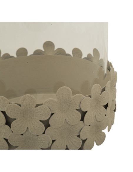 Grand Photophore moderne Diamètre 14 cm Métal Blanc crème Motif fleurs Verre Transparent Dune 