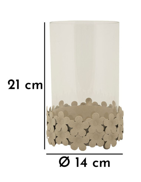 Grand Photophore moderne Diamètre 14 cm Métal Blanc crème Motif fleurs Verre Transparent Dune 