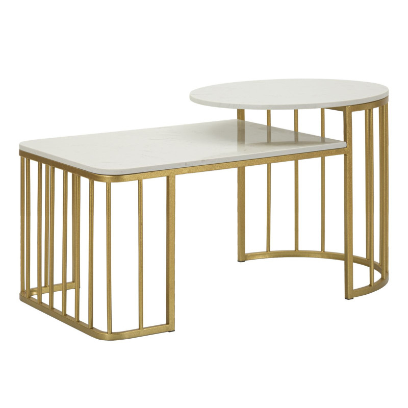 Table basse moderne chic 2 niveaux Marbre Blanc Métal Doré Ankara 