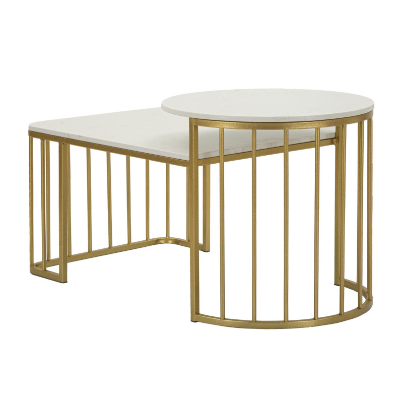 Table basse moderne chic 2 niveaux Marbre Blanc Métal Doré Ankara 