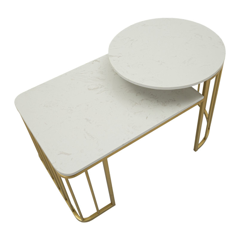 Table basse moderne chic 2 niveaux Marbre Blanc Métal Doré Ankara 