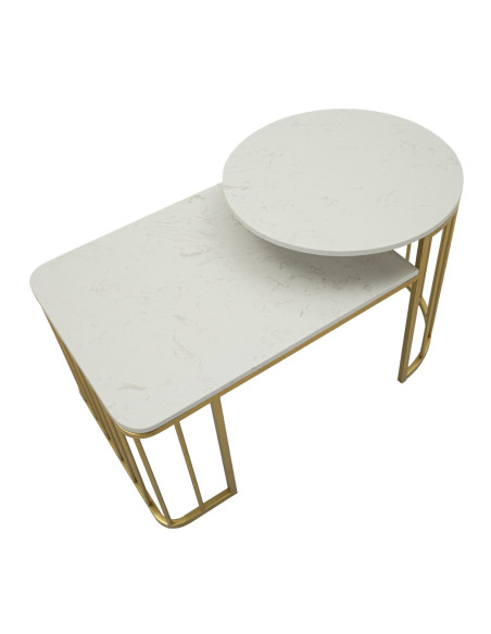 Table basse moderne chic 2 niveaux Marbre Blanc Métal Doré Ankara 