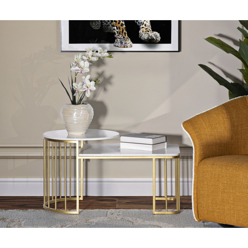 Table basse moderne chic 2 niveaux Marbre Blanc Métal Doré Ankara 