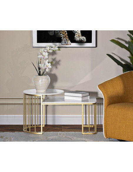 Table basse moderne chic 2 niveaux Marbre Blanc Métal Doré Ankara 