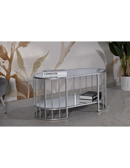 Table basse moderne chic Ovale 1 étagère Métal Argenté Miroir Smirne 
