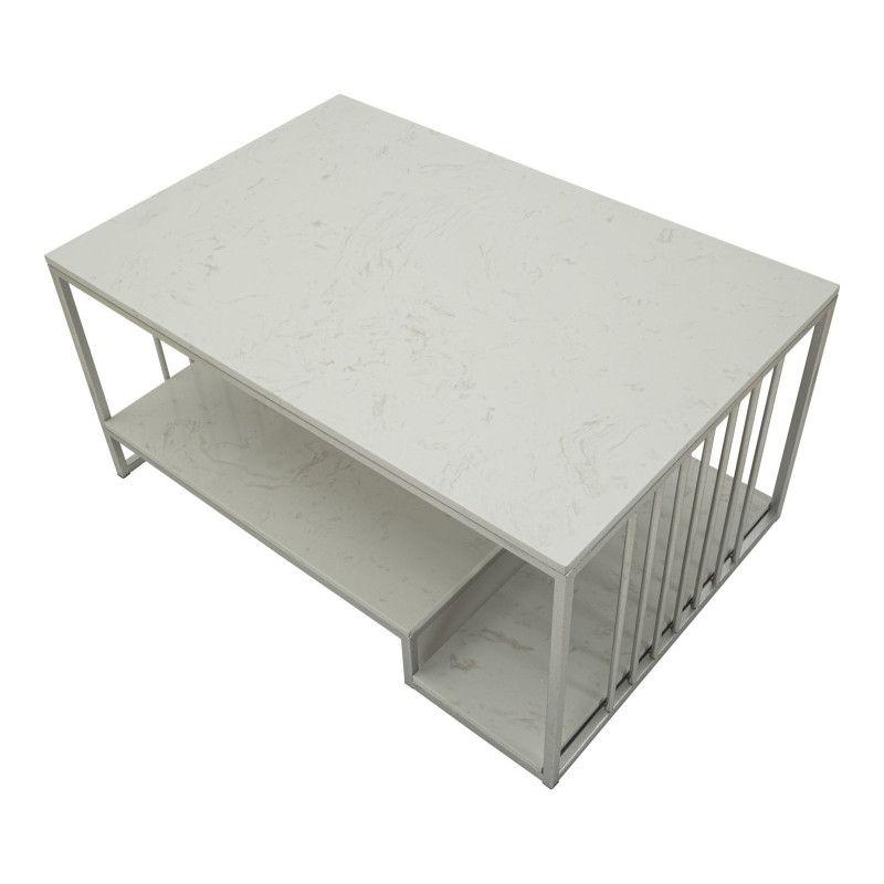 Table basse moderne chic Rectangulaire 2 étagères Marbre Blanc Métal Argenté Kayseri 