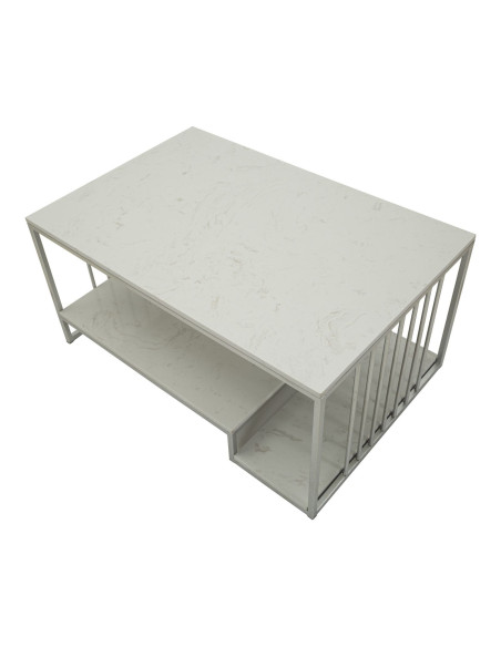 Table basse moderne chic Rectangulaire 2 étagères Marbre Blanc Métal Argenté Kayseri 