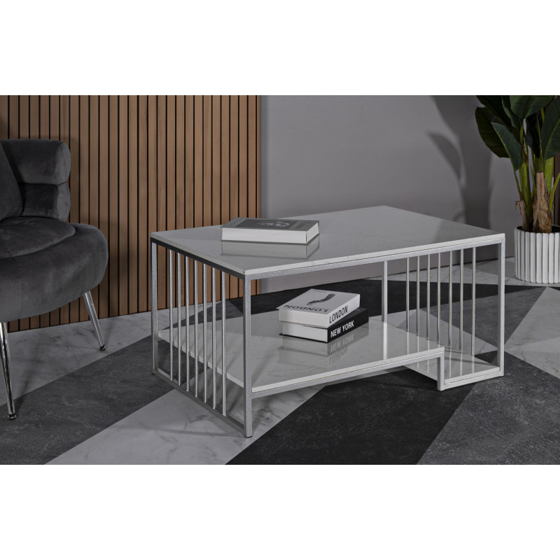 Table basse moderne chic Rectangulaire 2 étagères Marbre Blanc Métal Argenté Kayseri 