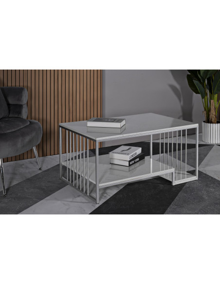 Table basse moderne chic Rectangulaire 2 étagères Marbre Blanc Métal Argenté Kayseri 