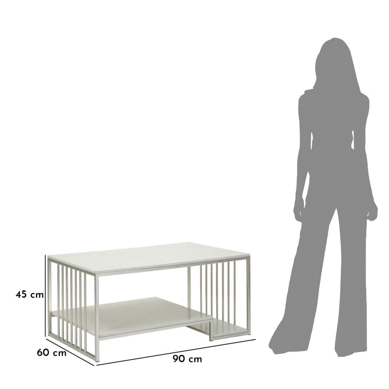 Table basse moderne chic Rectangulaire 2 étagères Marbre Blanc Métal Argenté Kayseri 