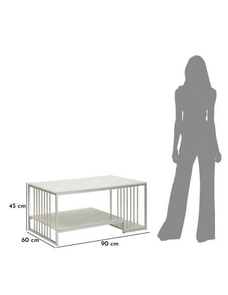 Table basse moderne chic Rectangulaire 2 étagères Marbre Blanc Métal Argenté Kayseri 