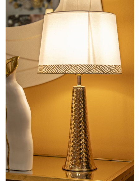 Grande Lampe à poser originale chic Hauteur 54 cm Métal Doré Tissu Blanc Tower 