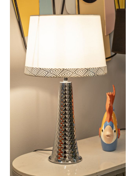 Grande Lampe à poser originale chic Hauteur 54 cm Métal Argenté Tissu Blanc Tower 