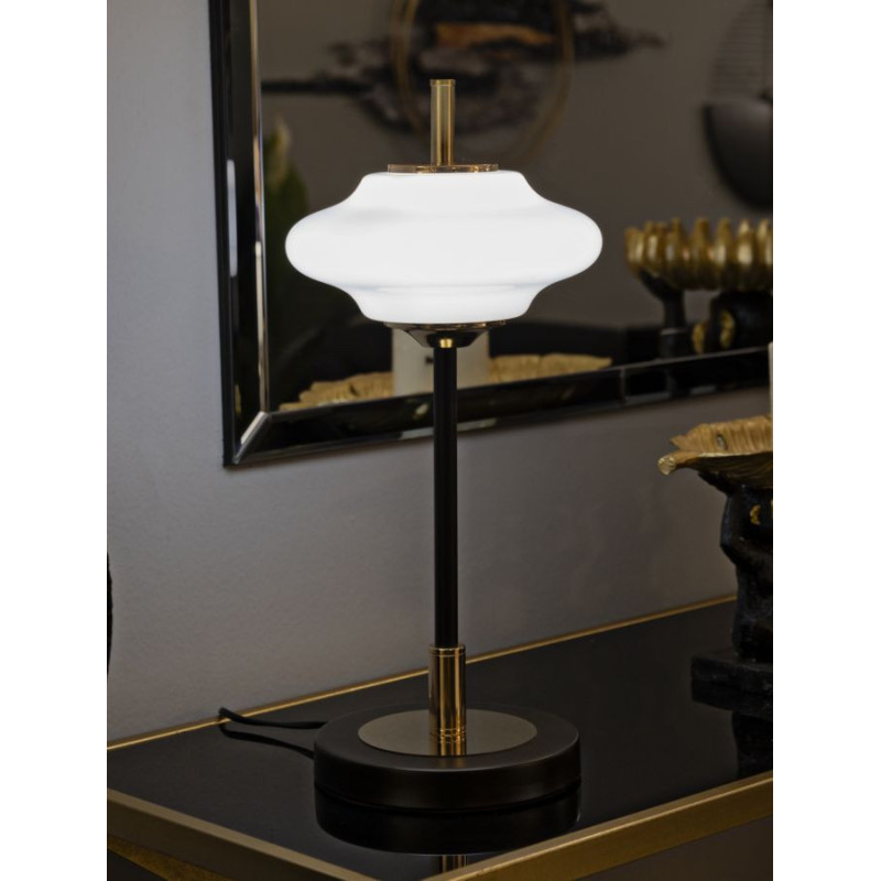 Lampe à poser rétro chic Hauteur 46 cm Verre Blanc Métal Doré Noir Vintage 
