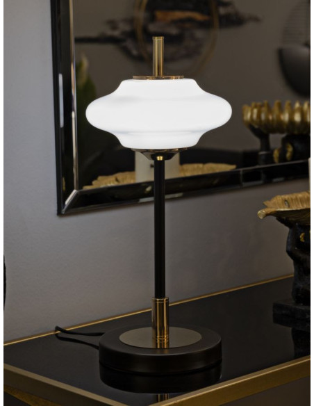 Lampe à poser rétro chic Hauteur 46 cm Verre Blanc Métal Doré Noir Vintage 