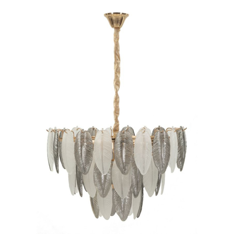 Grande Suspension moderne chic Plumes Diamètre 60 cm Verre Transparent Métal Argenté Doré Leafy 