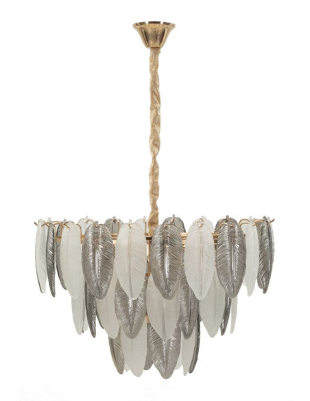 Grande Suspension moderne chic Plumes Diamètre 60 cm Verre Transparent Métal Argenté Doré Leafy 