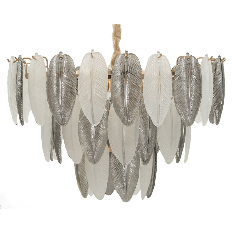 Grande Suspension moderne chic Plumes Diamètre 60 cm Verre Transparent Métal Argenté Doré Leafy 