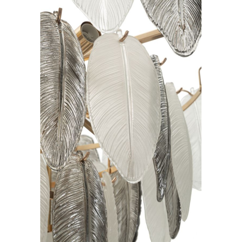 Grande Suspension moderne chic Plumes Diamètre 60 cm Verre Transparent Métal Argenté Doré Leafy 