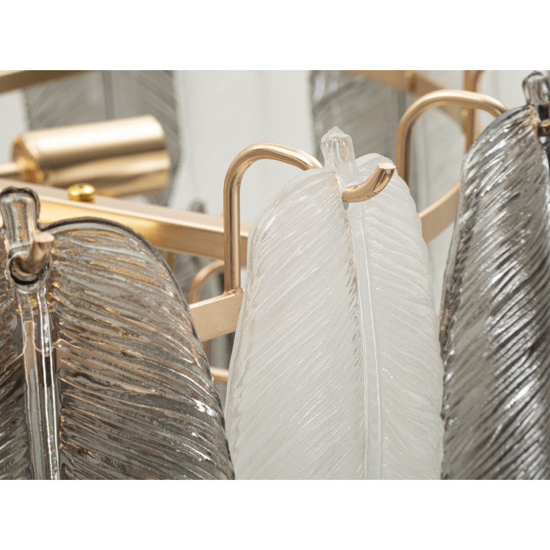 Grande Suspension moderne chic Plumes Diamètre 60 cm Verre Transparent Métal Argenté Doré Leafy 