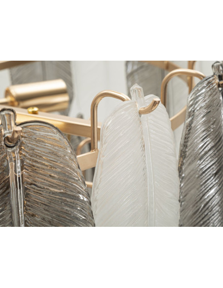 Grande Suspension moderne chic Plumes Diamètre 60 cm Verre Transparent Métal Argenté Doré Leafy 