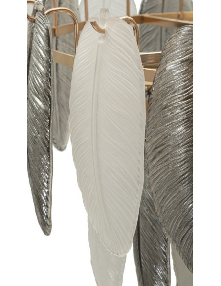 Grande Suspension moderne chic Plumes Diamètre 60 cm Verre Transparent Métal Argenté Doré Leafy 