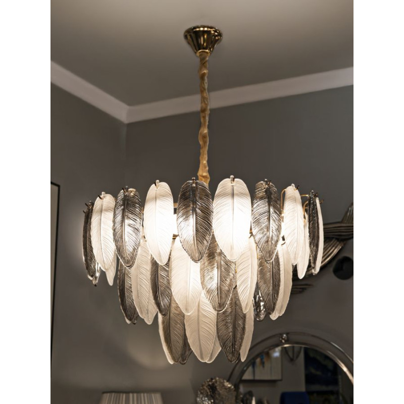 Grande Suspension moderne chic Plumes Diamètre 60 cm Verre Transparent Métal Argenté Doré Leafy 