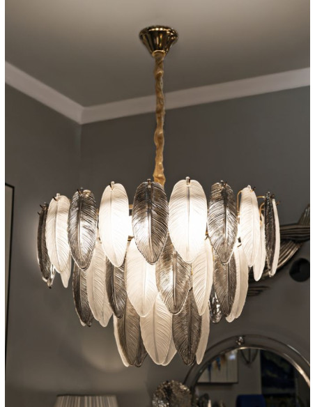 Grande Suspension moderne chic Plumes Diamètre 60 cm Verre Transparent Métal Argenté Doré Leafy 