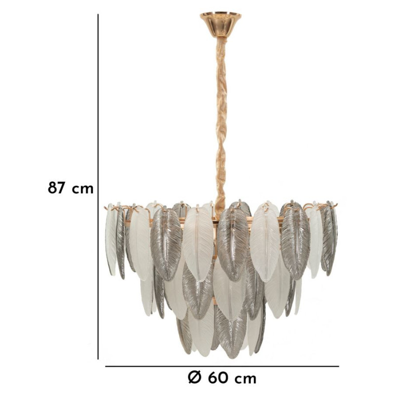 Grande Suspension moderne chic Plumes Diamètre 60 cm Verre Transparent Métal Argenté Doré Leafy 