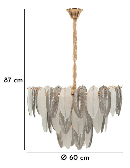 Grande Suspension moderne chic Plumes Diamètre 60 cm Verre Transparent Métal Argenté Doré Leafy 
