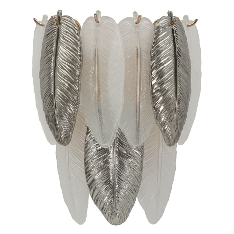 Applique murale moderne chic Fleurs Plumes Verre Transparent Métal Argenté Leafy 