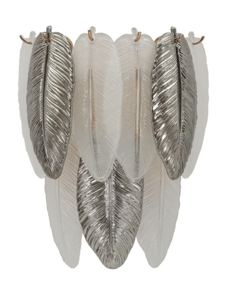 Applique murale moderne chic Fleurs Plumes Verre Transparent Métal Argenté Leafy 