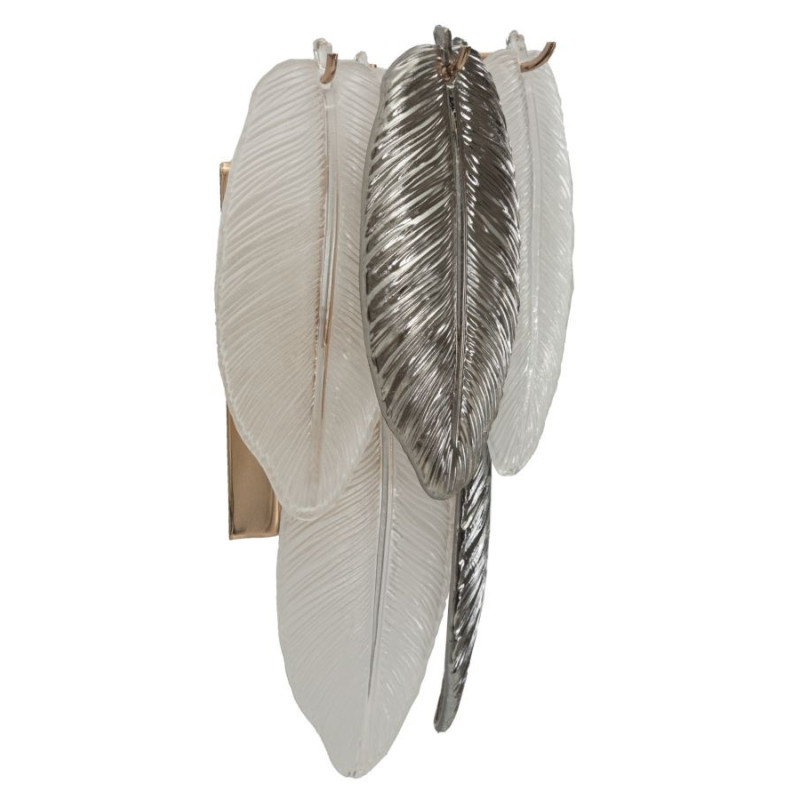 Applique murale moderne chic Fleurs Plumes Verre Transparent Métal Argenté Leafy 