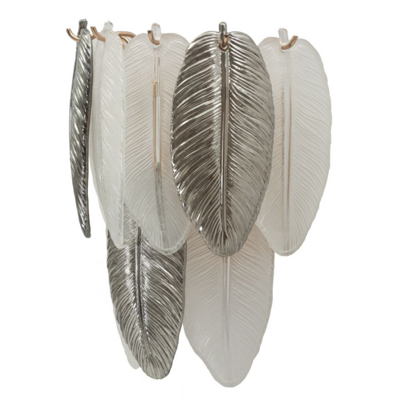 Applique murale moderne chic Fleurs Plumes Verre Transparent Métal Argenté Leafy 